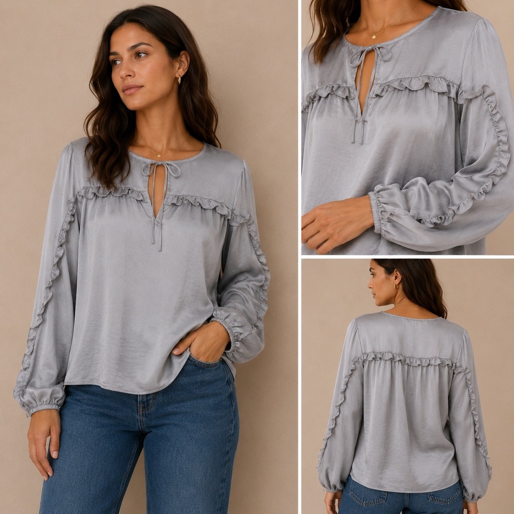 LOFT Silver Gray Satin Ruffle Long Sleeve Tie Neck Blouse Womens Small P108